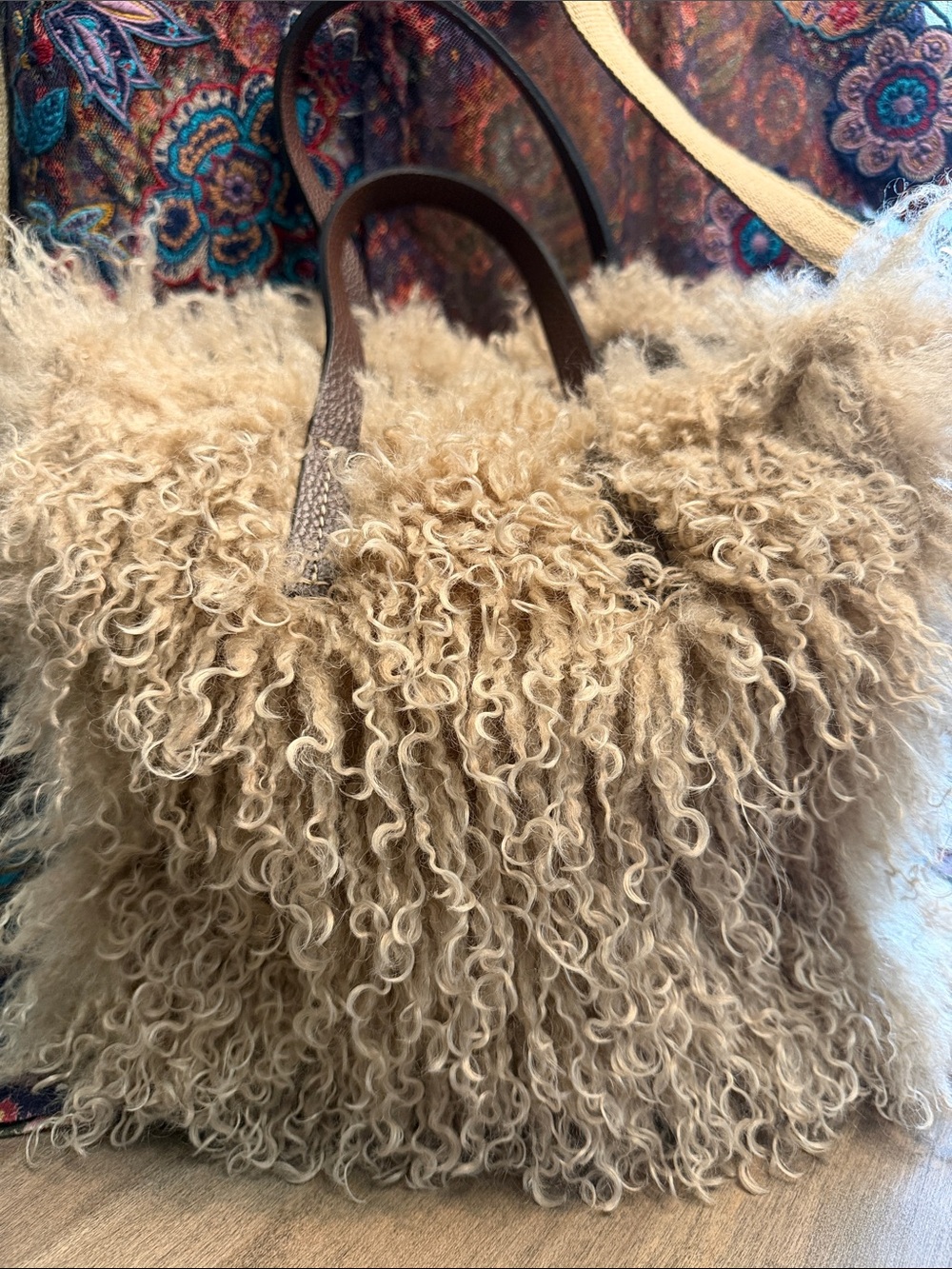 Plush Curly Shearling Tote Bag - Tan
